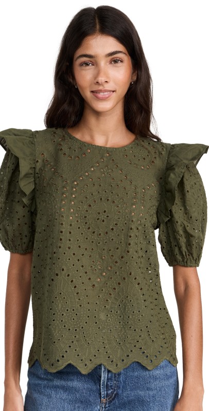 English Factory Ruffle Sleeve Eyelet Top Olive Green