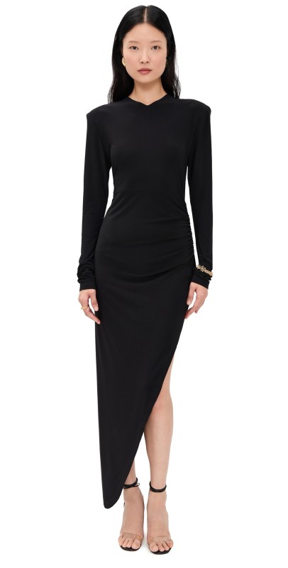 Norma Kamali Shoulder Pad V Neck Side Drape Gown Black