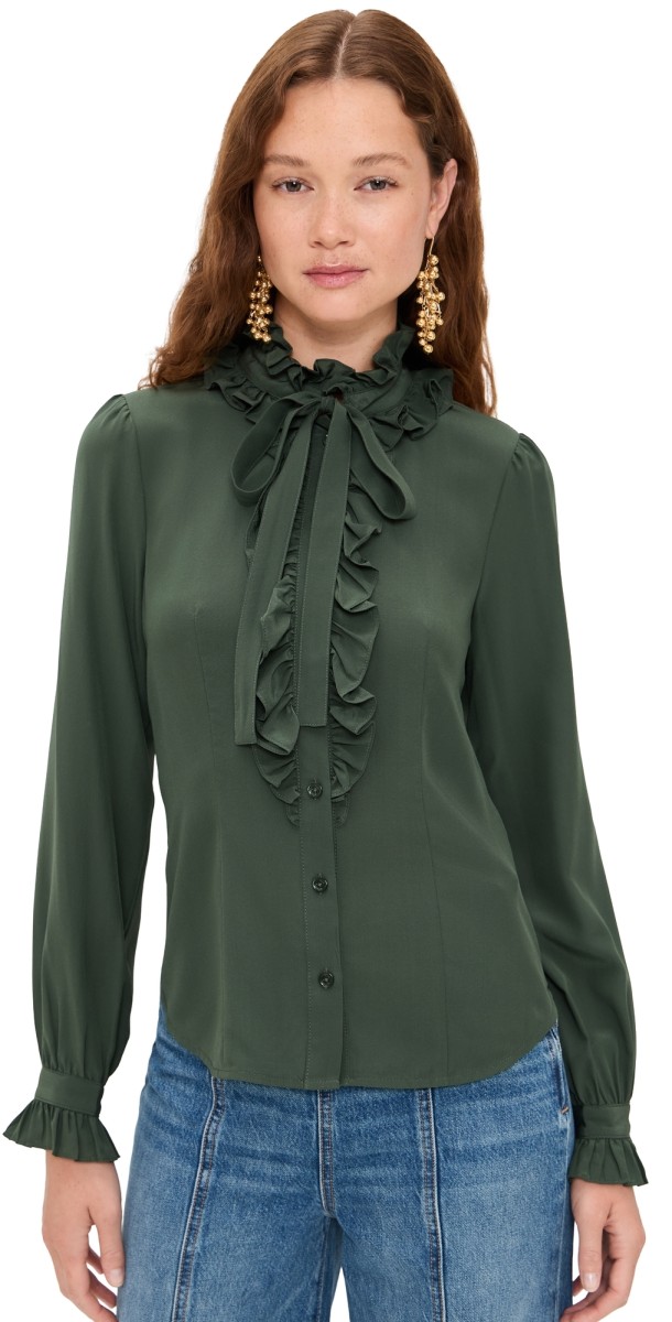 Ulla Johnson Catroux Silk Long Sleeve Button Front Blouse Cypress