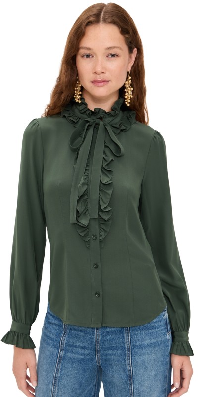 Ulla Johnson Catroux Silk Long Sleeve Button Front Blouse Cypress