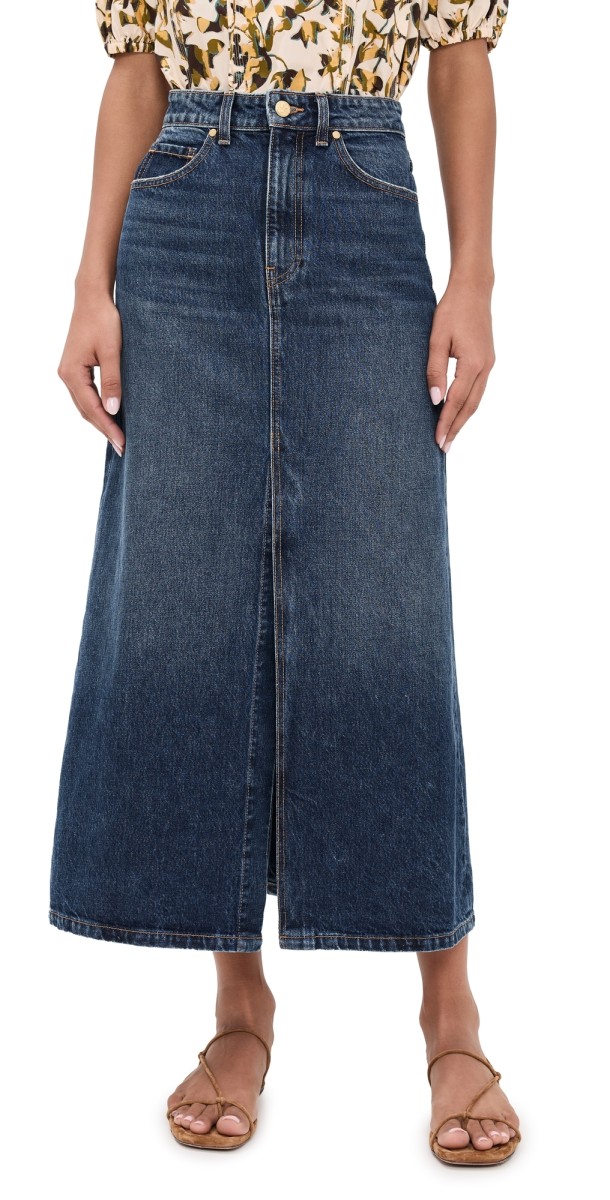 Ulla Johnson The Anais Denim Mid Rise Maxi Skirt Nile