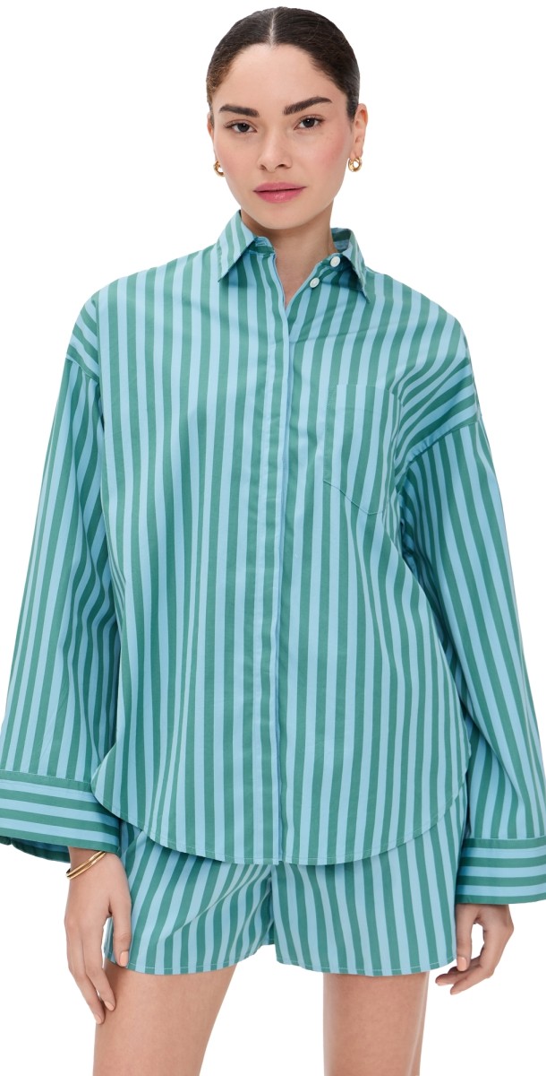 Madewell Boxy Button-Up Shirt in Stripe Bayside Stripe Cool Aqua