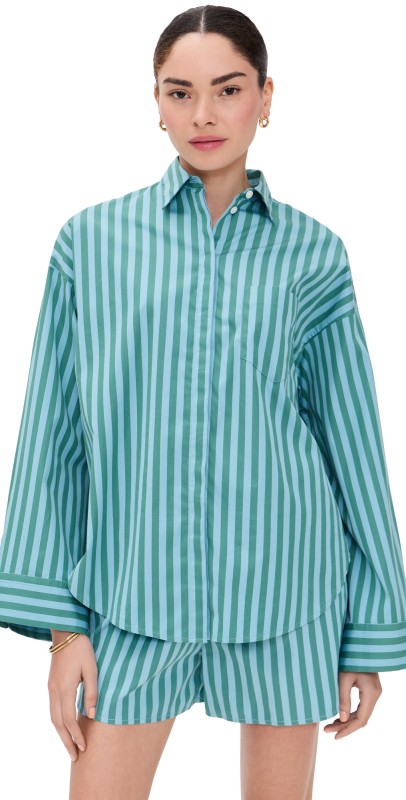Madewell Boxy Button-Up Shirt in Stripe Bayside Stripe Cool Aqua