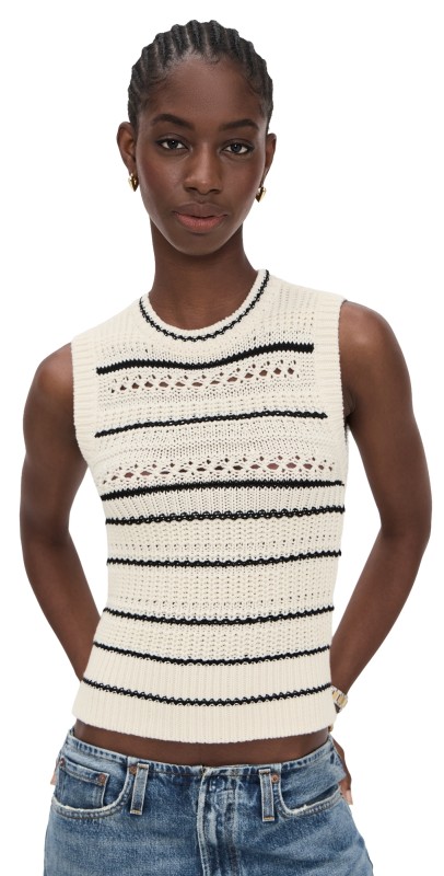 Madewell Striped Sweater Vest in 100% Cotton Jet Black Stripe