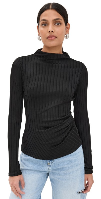 Good American Ribbed Funnel Neck Top Black001