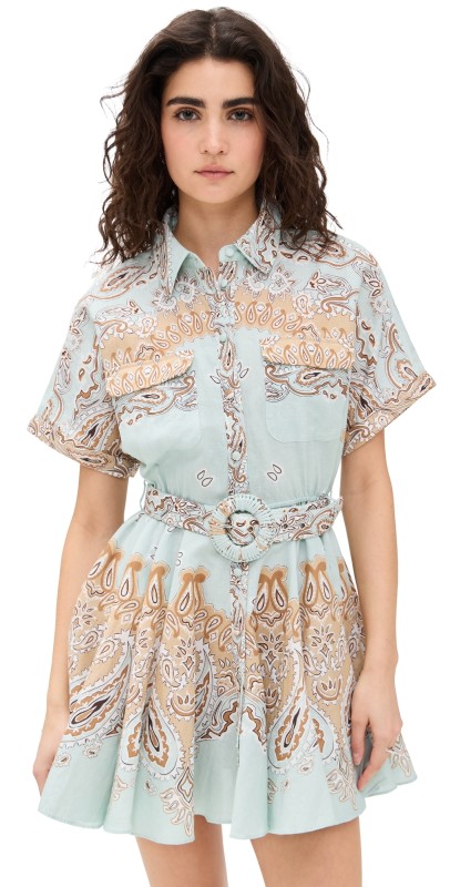 Hemant and Nandita Short Dress with Buckle Belt Blue Brown