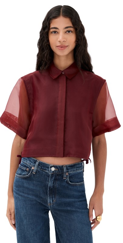 SIMKHAI Ryett Short Sleeve Crop Shirt Oxblood