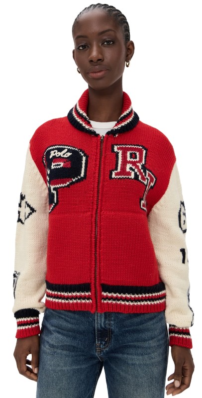 Polo Ralph Lauren Zip Up Cardigan Sweater Red Multi