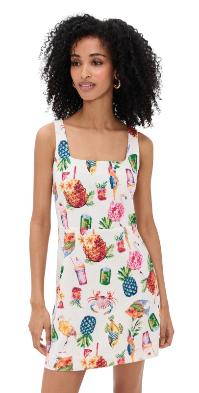 Moon River Square Neck Colorful Print Mini Dress Cream Multi