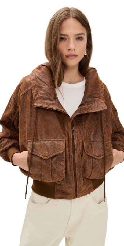 R13 Leather Shirred Oversized Bomber Jacket Brown