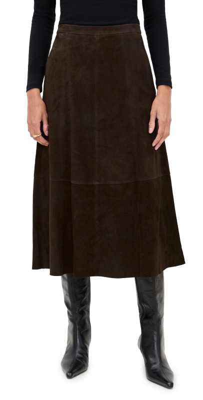 Vince Mid Rise Flared Suede Skirt Deep Espresso