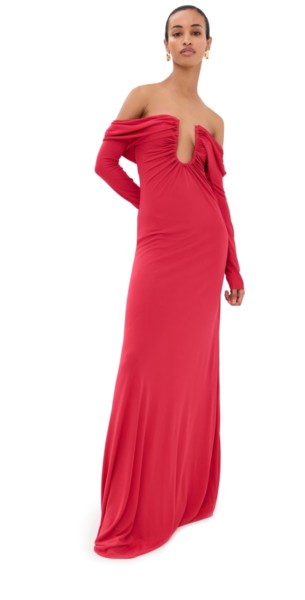 Christopher Esber Arced Palm Strapless Shawl Gown Cranberry