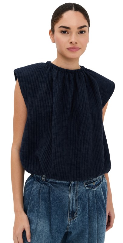 Tibi Quilted Waffle Shirred Neck Top Dark Navy