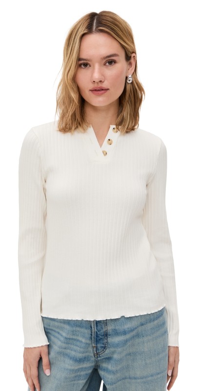 Vince Rib Long Sleeve Henley Off White