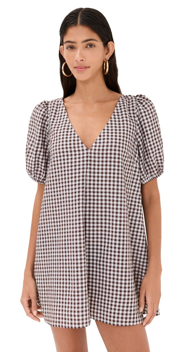 STAUD Marsh Mini Dress Dark Chocolate Gingham