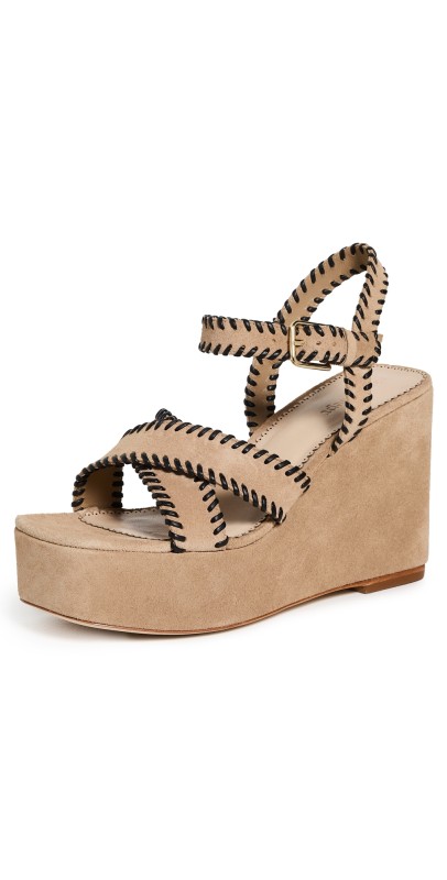 Cinq à Sept Sasha Whipstitch Suede Wedge Sandals Brown Sugar/Black