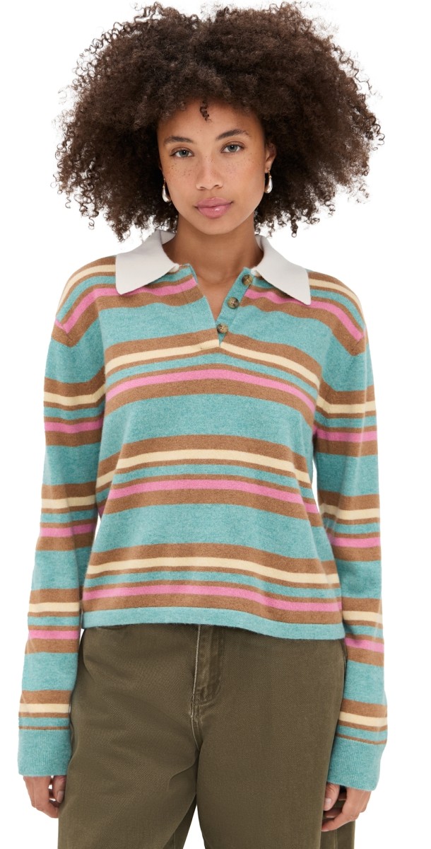 Guest in Residence Cashmere Cropped Stripe Rugby Pullover Glacier Combo