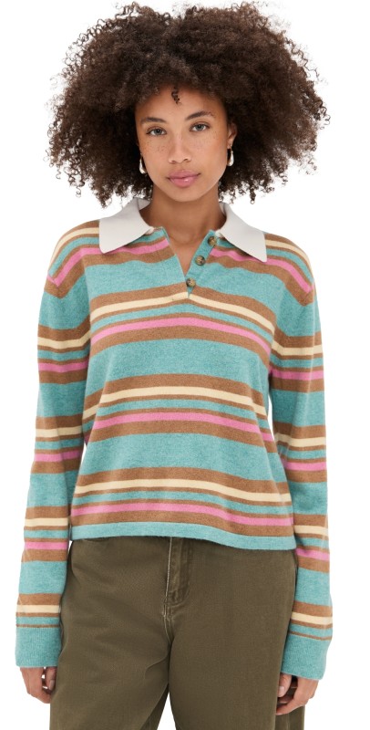 Guest in Residence Cashmere Cropped Stripe Rugby Pullover Glacier Combo