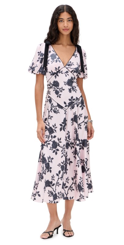 Self Portrait Pink Satin Floral Midi Dress Pink