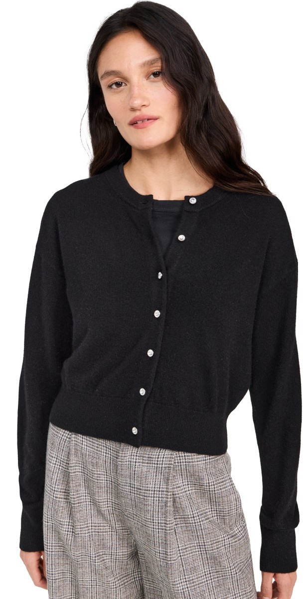 White + Warren Cashmere Rhinestone Button Cardigan Black