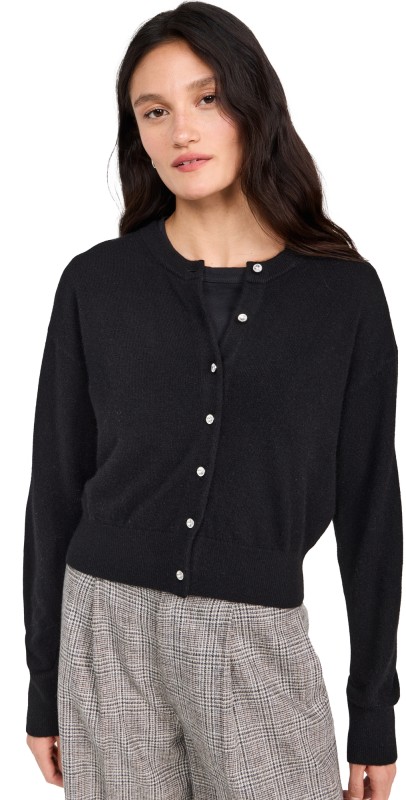 White + Warren Cashmere Rhinestone Button Cardigan Black