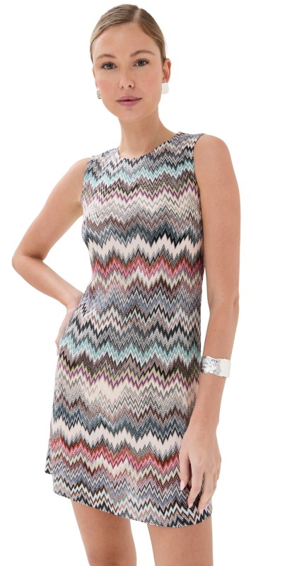 Missoni Crew Neck Mini Dress with Snake Pattern Multi White/Light Blue/Brown