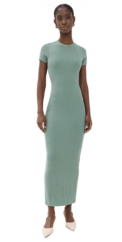 Good American Ribbed Tee Maxi Dress With Slit Washed Fatigue Green001