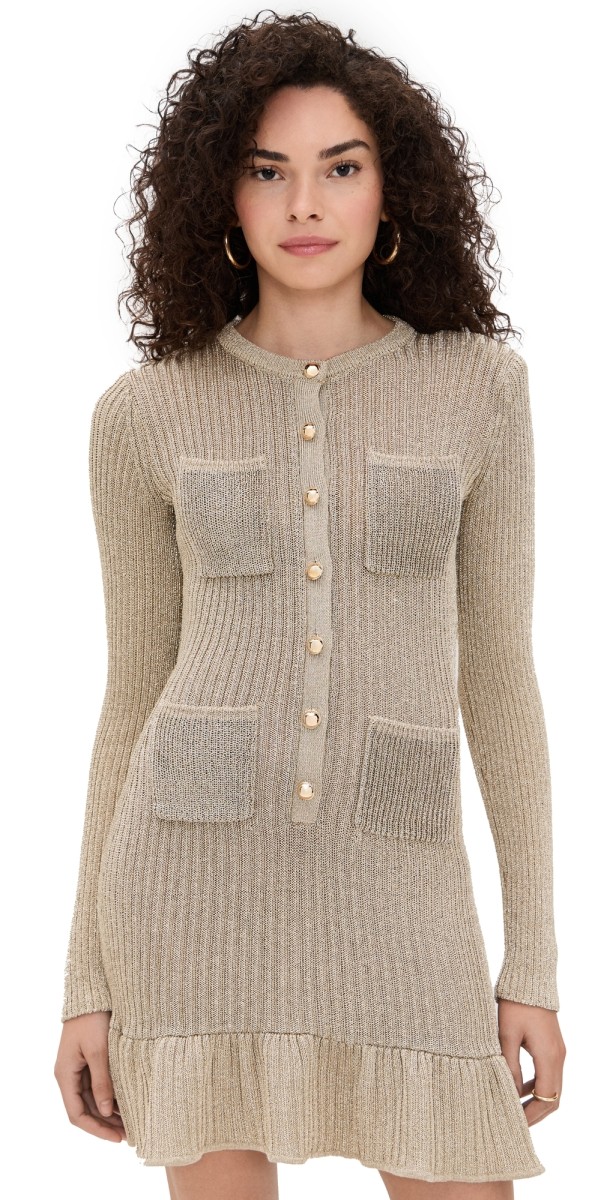 Self Portrait Gold Metallic Knit Mini Dress Yellow