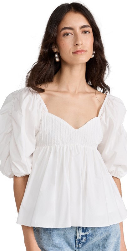 English Factory Sleeve Cinched Pintuck Top White