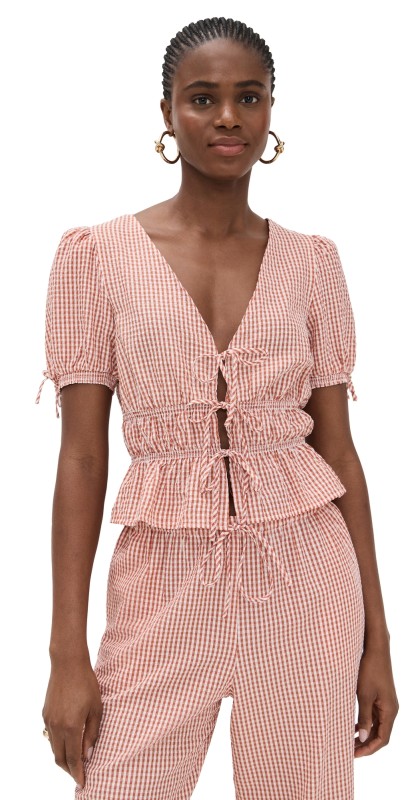 WAYF Nina Tie Front Top Clay Seersucker