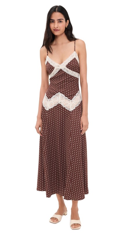 Frankies Bikinis Ethereal Satin Maxi Dress Chocolate Dot