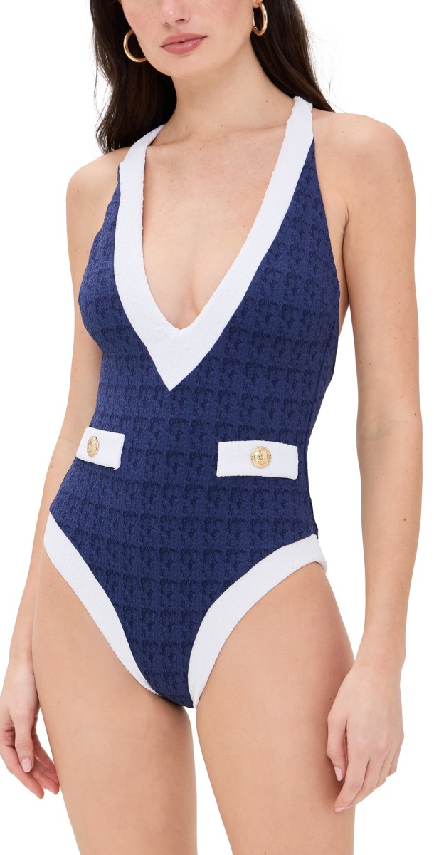 L'AGENCE Lisa Colorblock Chic Plunge One Piece Marine