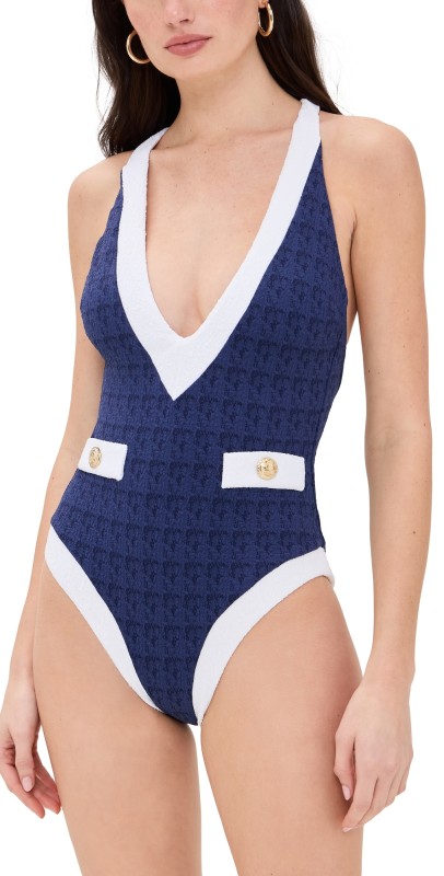 L'AGENCE Lisa Colorblock Chic Plunge One Piece Marine