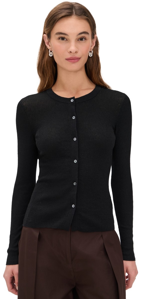 James Perse Stretch Linen Ribbed Cardigan Black