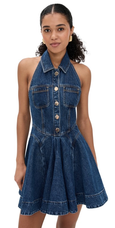 Self Portrait Denim Sleeveless Flared Mini Dress Blue