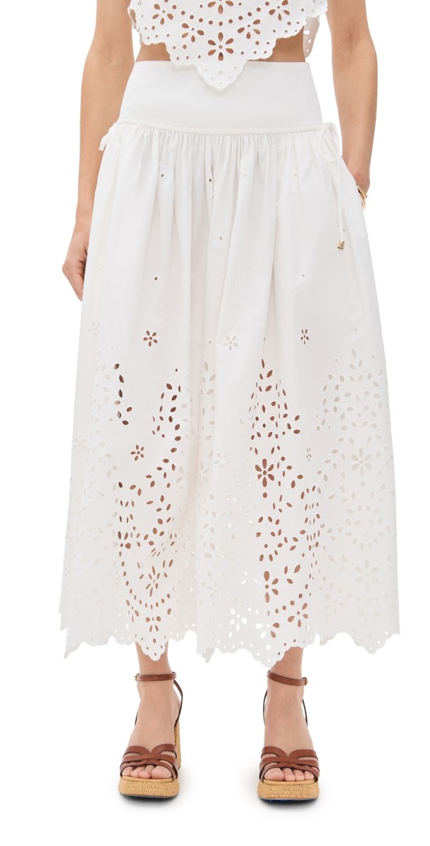 Self Portrait White Cotton Embroidered Midi Skirt White
