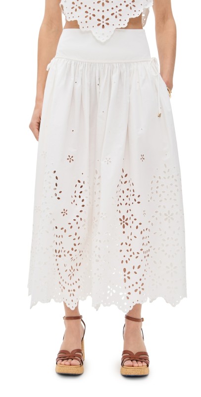 Self Portrait White Cotton Embroidered Midi Skirt White