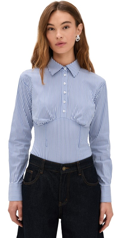Fleur du Mal Striped Poplin Button Down Thong Bodysuit Midnight Stripe