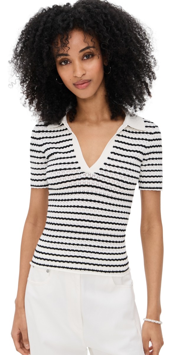 Joe's Jeans The Jess Pointelle Polo Shirt Milk/Black Stripe