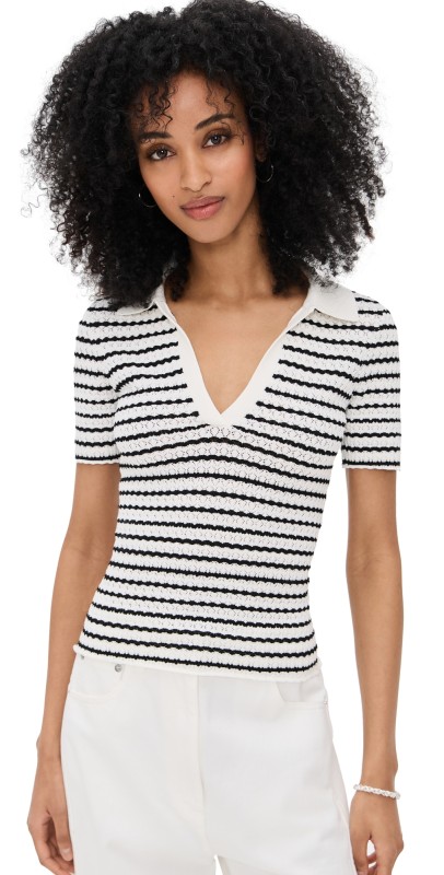 Joe's Jeans The Jess Pointelle Polo Shirt Milk/Black Stripe