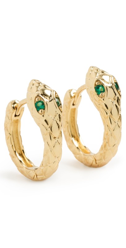 Kenneth Jay Lane Snake Hoop Post Earring with Emerald Eyes Gold