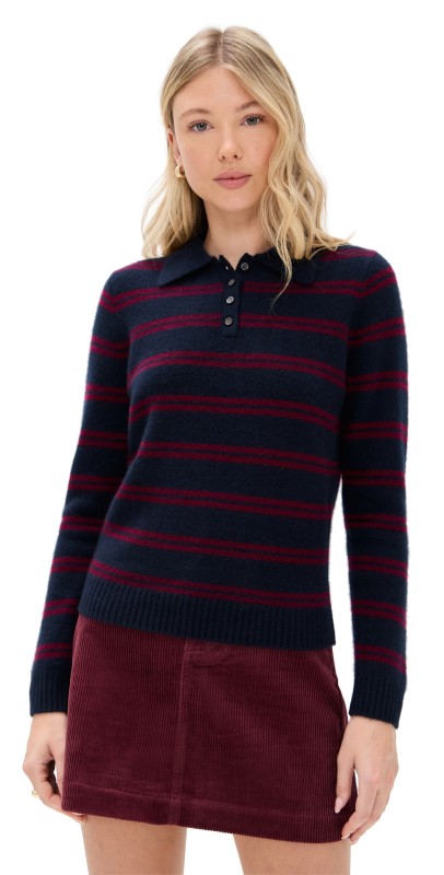Alex Mill Alice Polo In Cashmere Stripe Deep Navy/Barolo