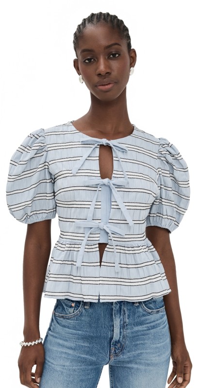 English Factory Bow Detailed Puff Sleeve Top Powder Blue Multi