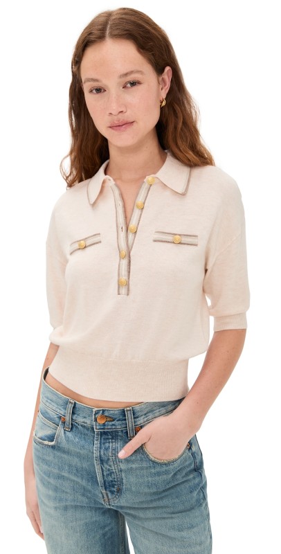 L'AGENCE Masaki Short Sleeve Collared Sweater Parchment/Cappuccino Gold