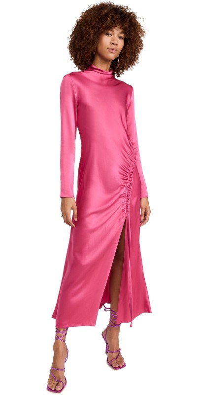 LAPOINTE Doubleface Satin Bias Tab Slit Dress Magenta