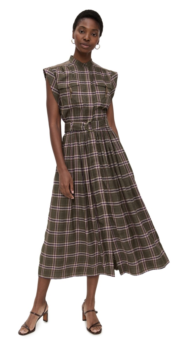 Ramy Brook Joe Dress Deep Olive Plaid