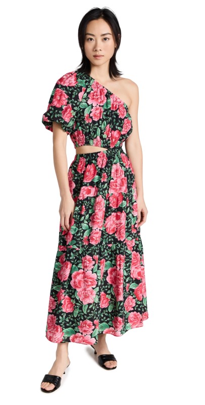 Moon River Floral One Shoulder Dress Black Multi