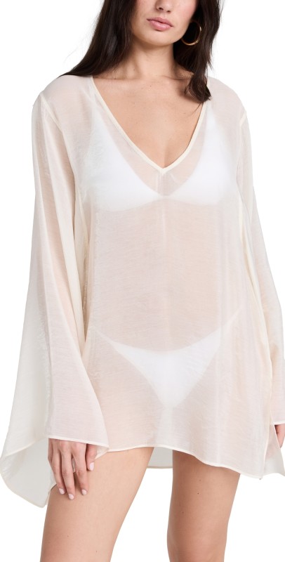 Good American Tencel Long Sleeve Mini Coverup Cloud White