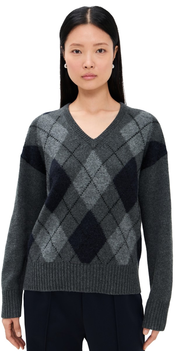 Alex Mill Yasmine V-Neck Sweater In Wool Cotton Blend Storm Grey Multi