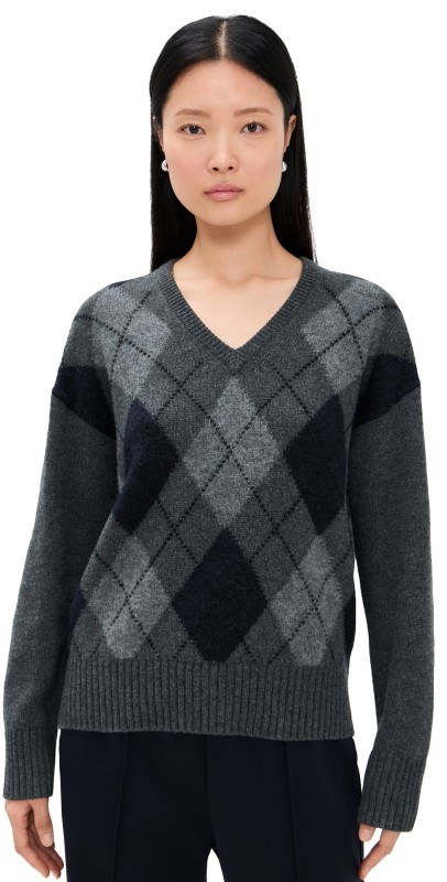 Alex Mill Yasmine V-Neck Sweater In Wool Cotton Blend Storm Grey Multi